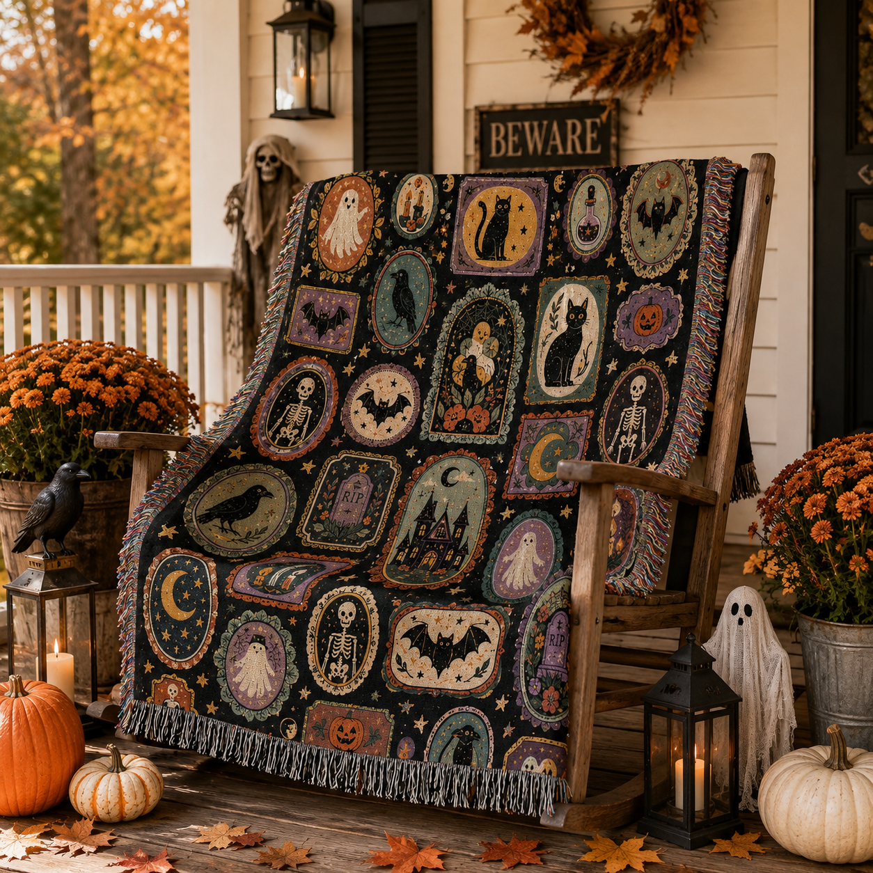 Vintage Halloween cameo woven throw displayed on an autumn porch with pumpkins and lanterns
