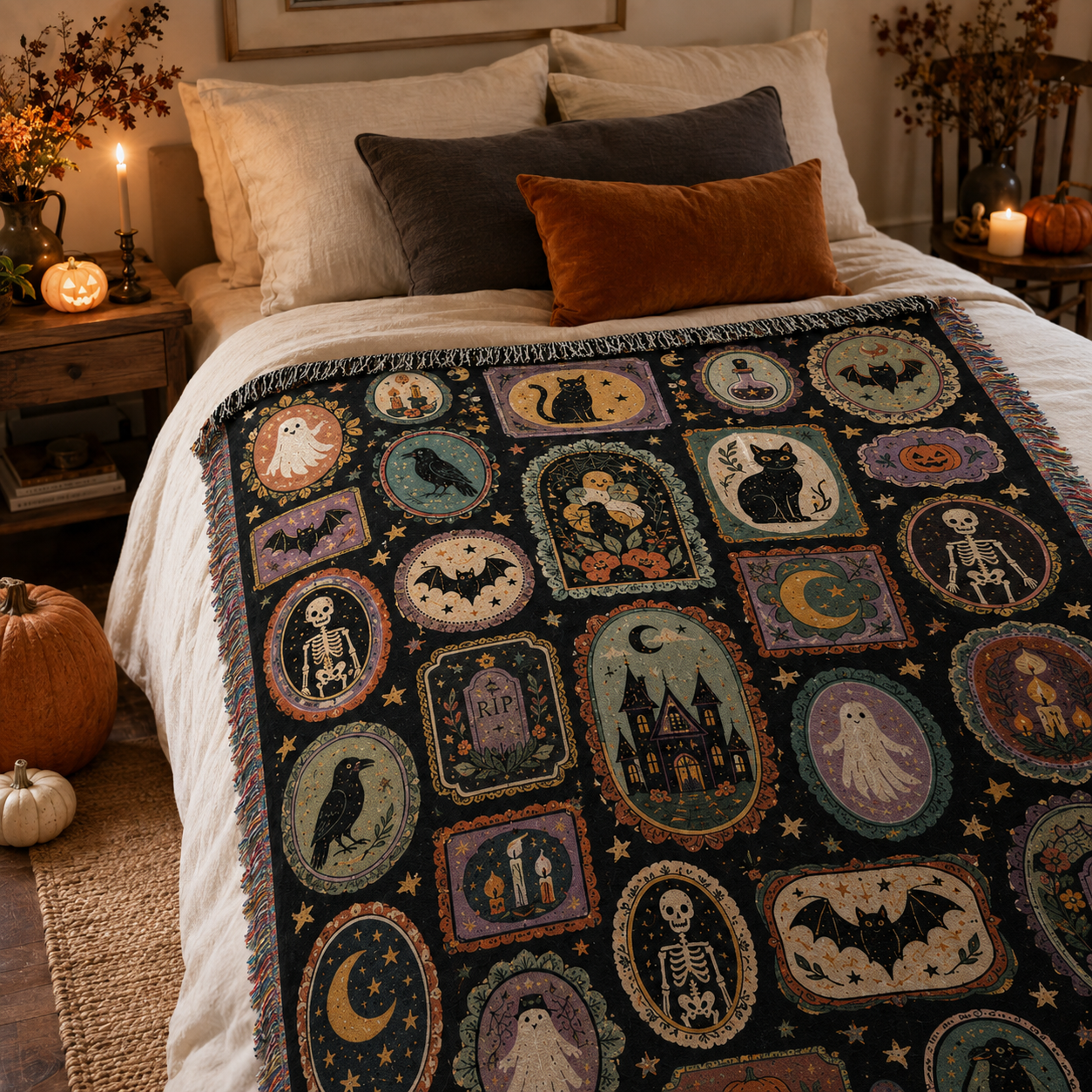 Vintage Halloween cameo woven blanket spread across a cozy autumn bedroom bed