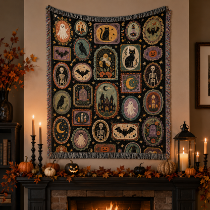 Vintage Halloween cameo woven blanket displayed as wall decor above a decorated fireplace