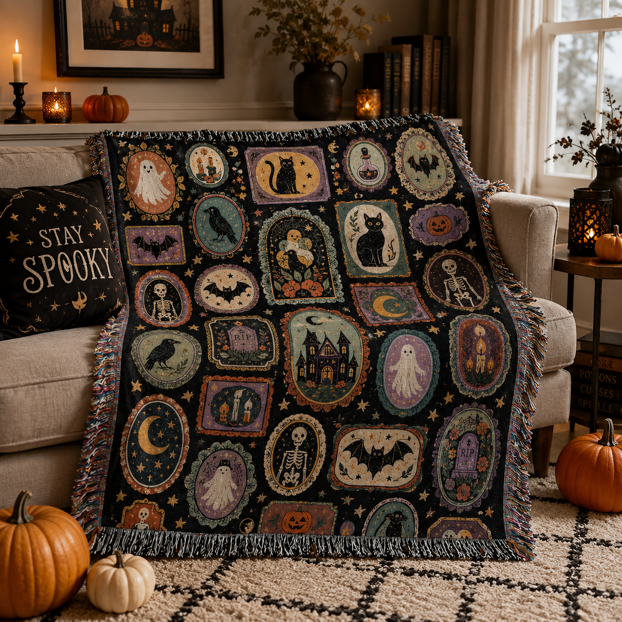 Vintage Halloween cameo woven blanket styled on a cozy sofa with pumpkins and candles
