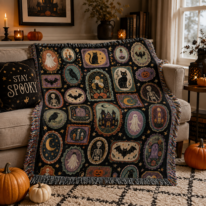 Vintage Halloween cameo woven blanket styled on a cozy sofa with pumpkins and candles