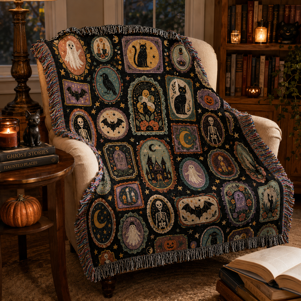 Vintage Halloween cameo woven blanket draped over a cozy reading chair
