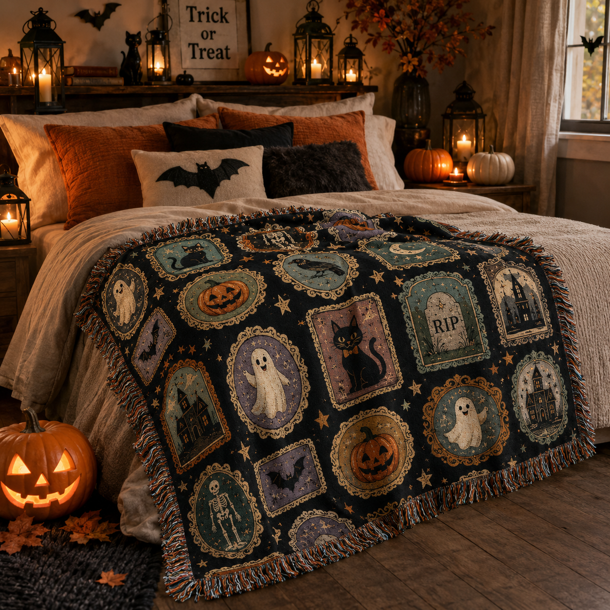 Vintage Halloween cameo woven blanket softly draped across a cozy bedroom bed