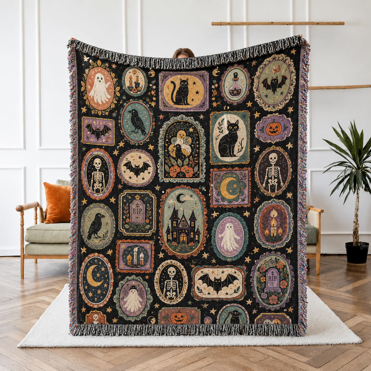 Vintage Halloween cameo woven blanket with ghosts, black cats, skeletons, bats and haunted house