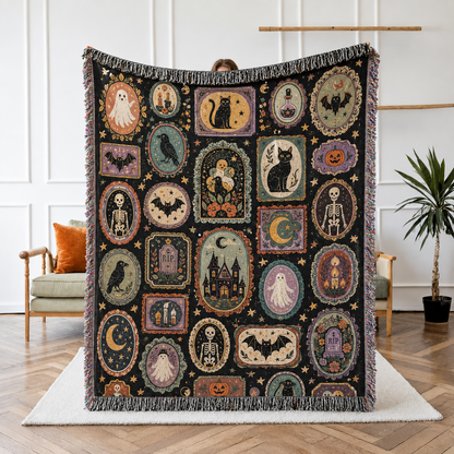 Vintage Halloween cameo woven blanket with ghosts, black cats, skeletons, bats and haunted house