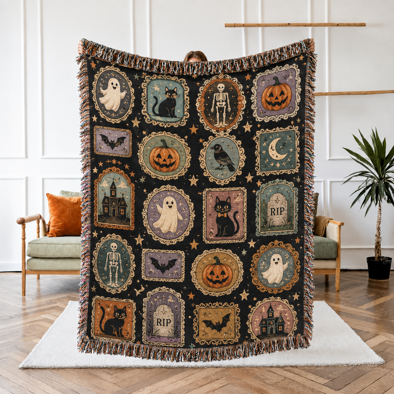 Vintage Halloween cameo woven blanket with ghost, black cat, pumpkin, skeleton and fringe