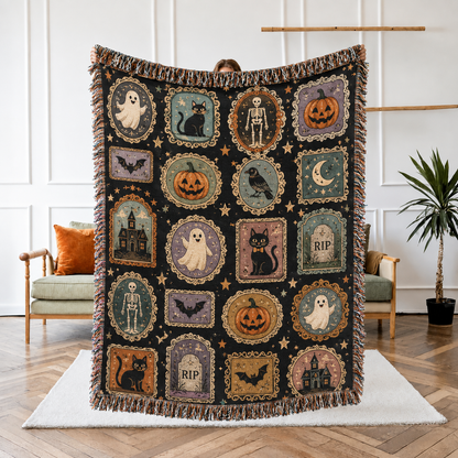 Vintage Halloween cameo woven blanket with ghost, black cat, pumpkin, skeleton and fringe