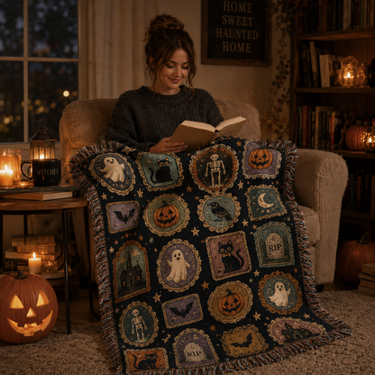 Reader using a soft Halloween cameo woven blanket in a cozy reading nook