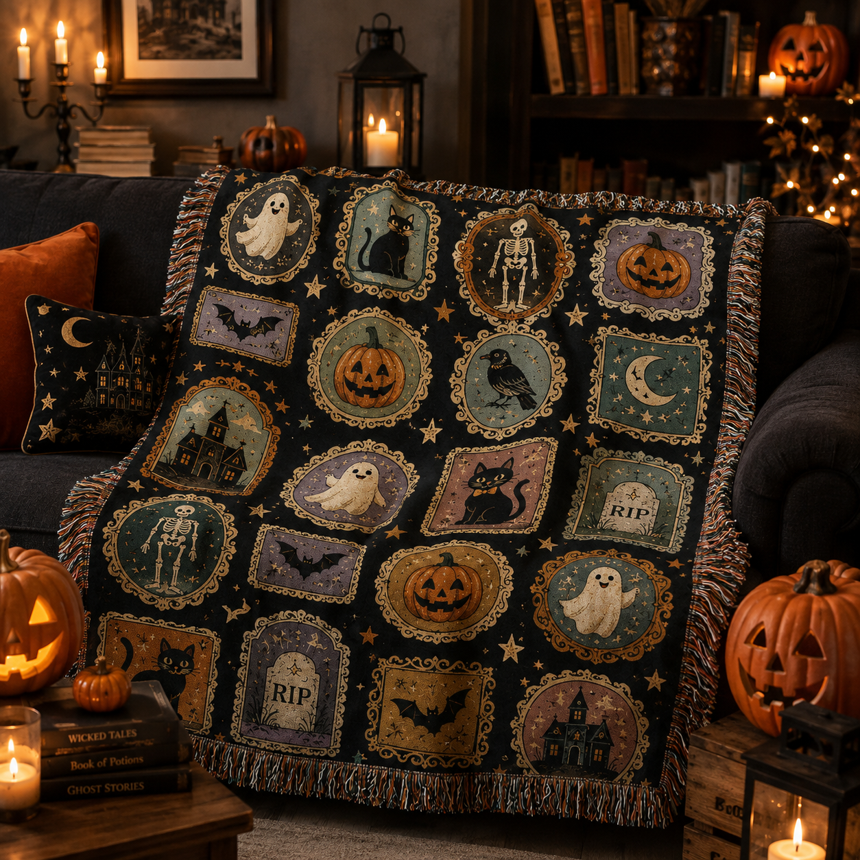 Soft vintage Halloween cameo woven blanket draped over a sofa with pumpkins and candles