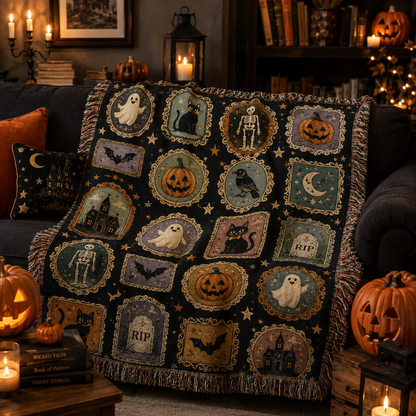 Soft vintage Halloween cameo woven blanket draped over a sofa with pumpkins and candles