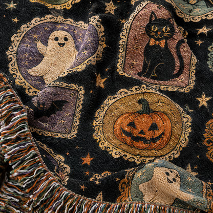 Macro detail of Halloween woven blanket texture, soft folds and multicolor fringe