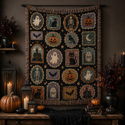 Vintage Halloween cameo woven blanket displayed as spooky wall decor with fringe