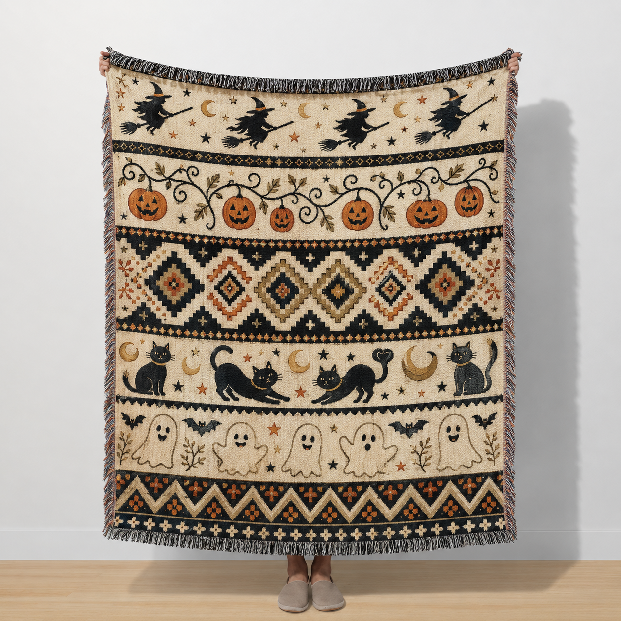 Vintage Halloween fair isle woven blanket with witches pumpkins black cats and ghosts