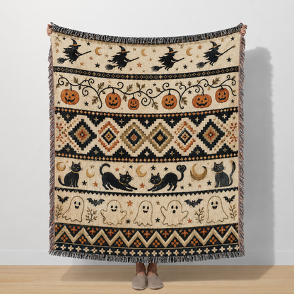 Vintage Halloween fair isle woven blanket with witches pumpkins black cats and ghosts