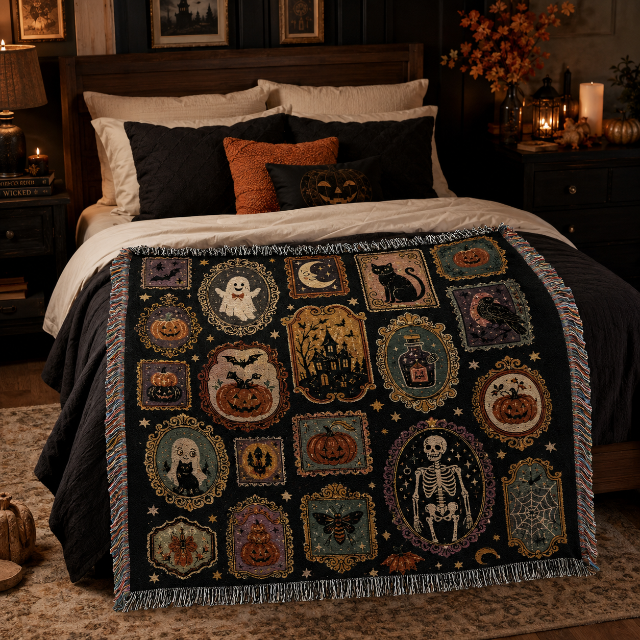 Vintage Halloween gallery woven blanket displayed across a dark cozy bedroom with seasonal pillows and candlelight