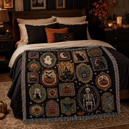 Vintage Halloween gallery woven blanket displayed across a dark cozy bedroom with seasonal pillows and candlelight