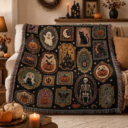 Vintage Halloween gallery woven blanket styled on a cozy sofa with pumpkins, candles and haunted house decor