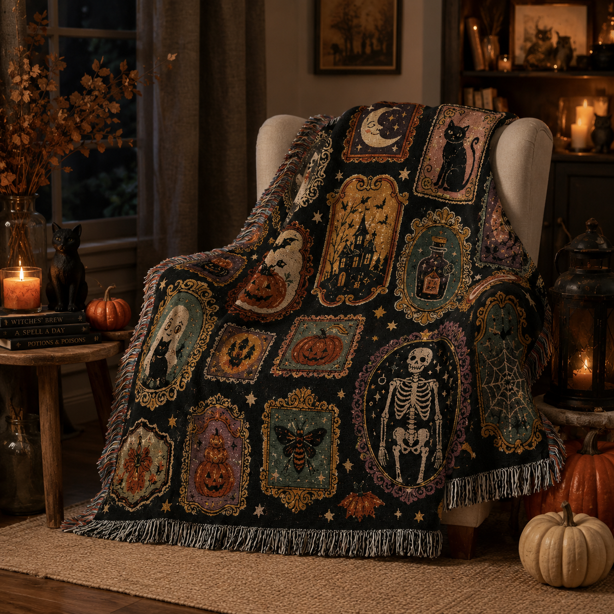 Vintage Halloween gallery woven blanket draped over an armchair in a candlelit witchy reading nook