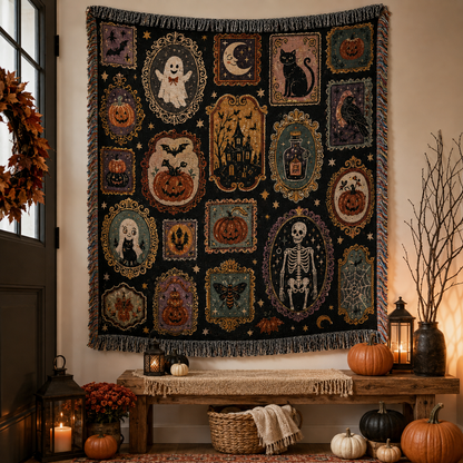 Vintage Halloween gallery woven blanket hung as wall tapestry above a rustic bench with lanterns and pumpkins
