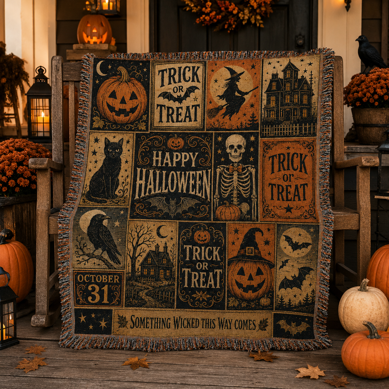 Vintage Halloween patchwork woven blanket displayed on a decorated autumn porch