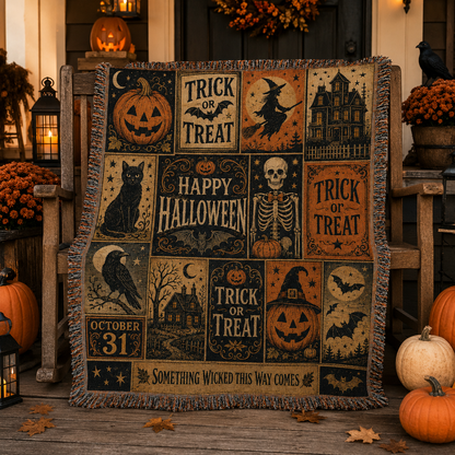 Vintage Halloween patchwork woven blanket displayed on a decorated autumn porch