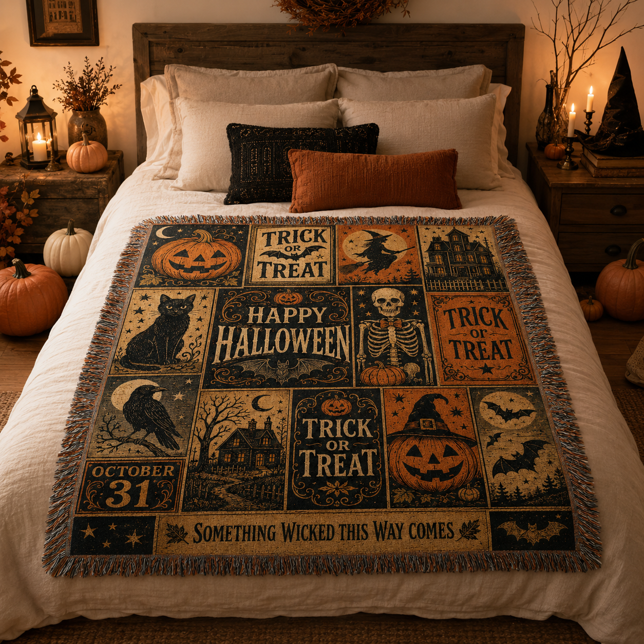 Vintage Halloween patchwork woven blanket styled across a cozy autumn bedroom bed
