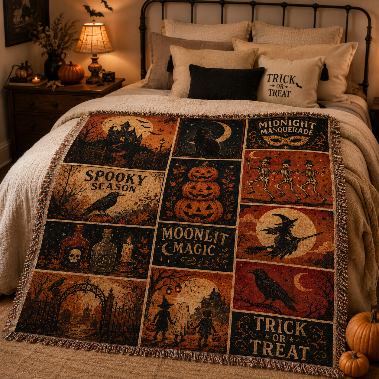Vintage Halloween patchwork woven throw displayed across a cozy bedroom bed