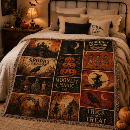 Vintage Halloween patchwork woven throw displayed across a cozy bedroom bed
