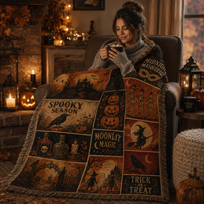 Woman relaxing with a vintage Halloween patchwork woven throw blanket