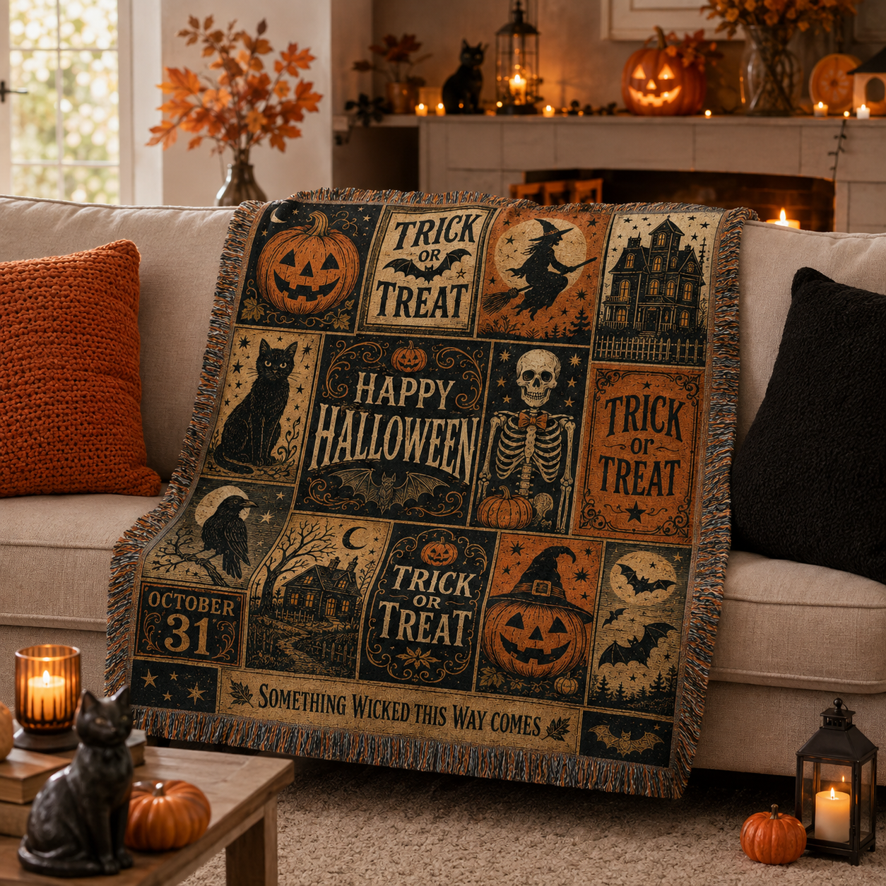 Vintage Halloween patchwork woven blanket styled on a cozy living room sofa