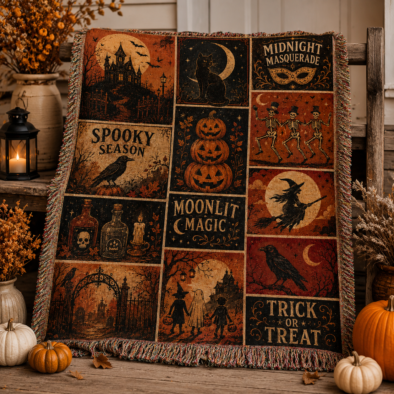 Vintage Halloween woven throw styled with pumpkins, lantern and autumn porch decor