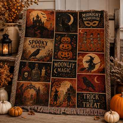 Vintage Halloween woven throw styled with pumpkins, lantern and autumn porch decor