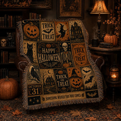 Vintage Halloween patchwork woven blanket displayed on a leather reading chair