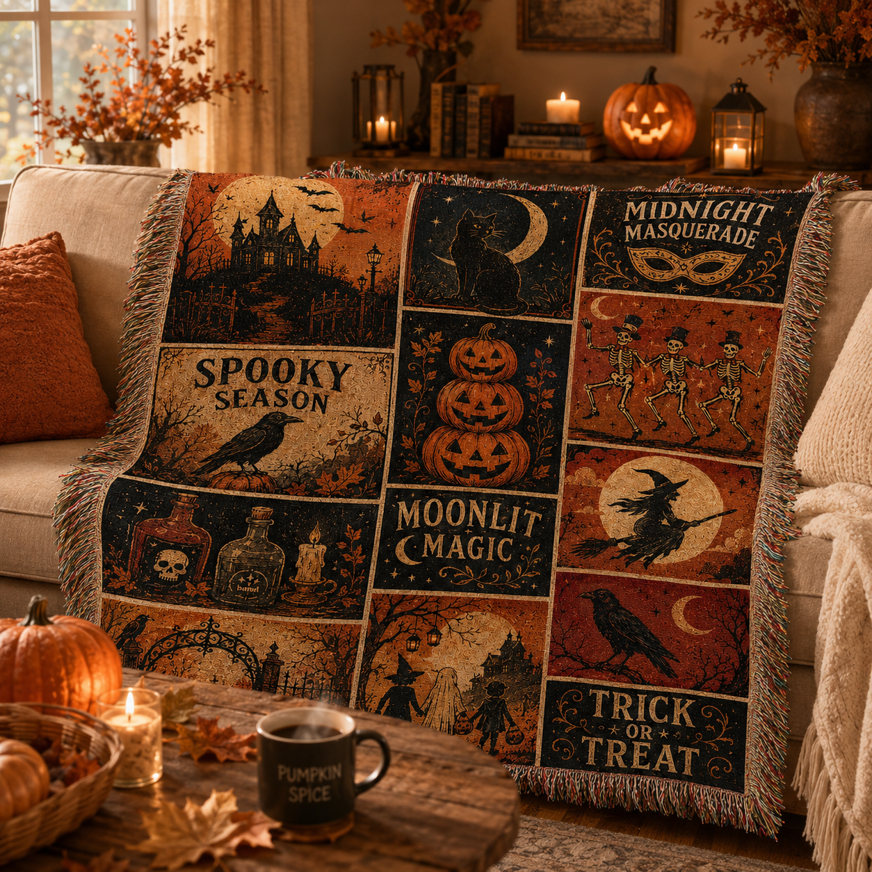 Vintage Halloween woven blanket styled on a cozy autumn living room sofa