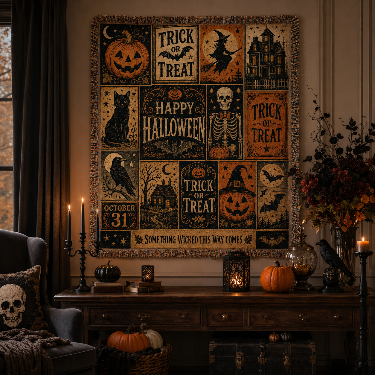 Vintage Halloween patchwork woven blanket displayed as seasonal wall decor