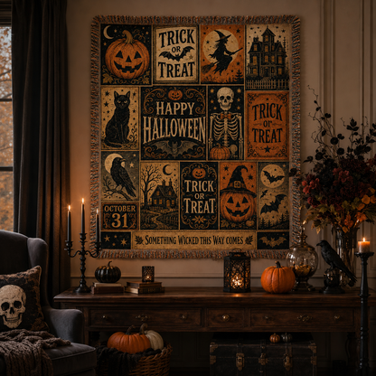 Vintage Halloween patchwork woven blanket displayed as seasonal wall decor