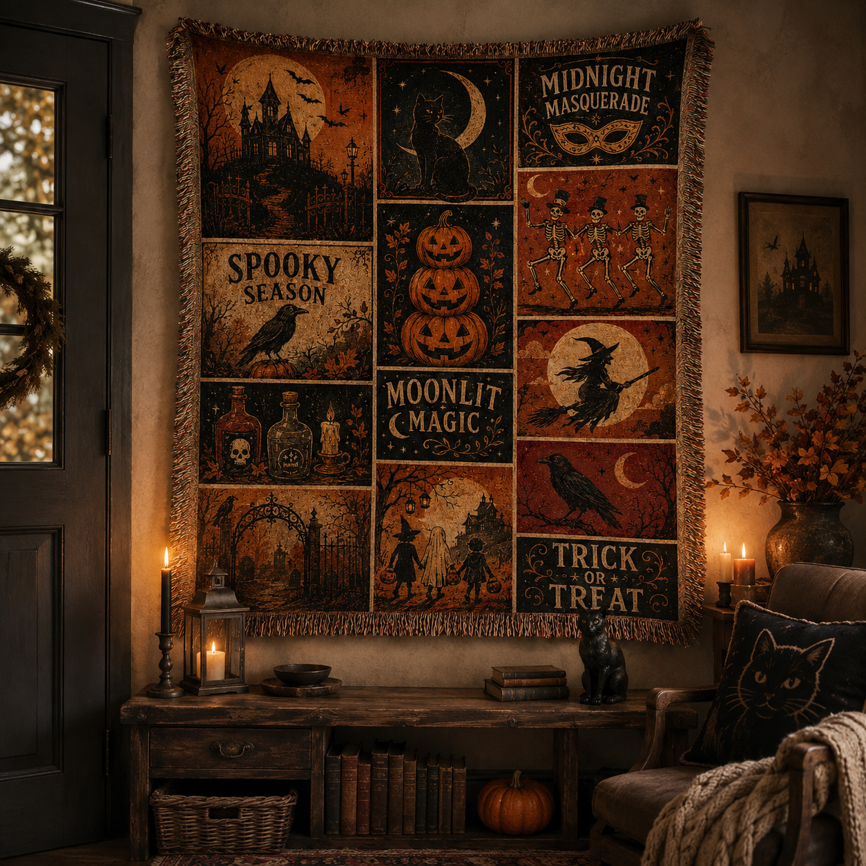 Vintage Halloween woven blanket displayed as gothic autumn wall decor