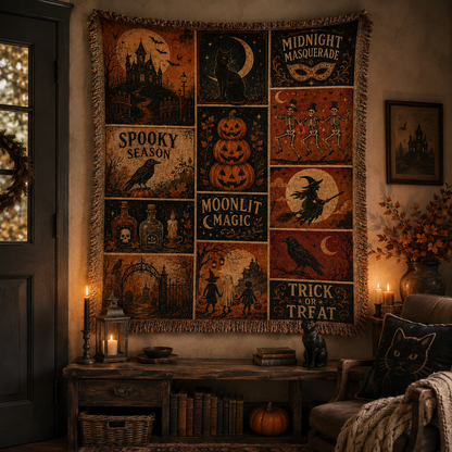 Vintage Halloween woven blanket displayed as gothic autumn wall decor
