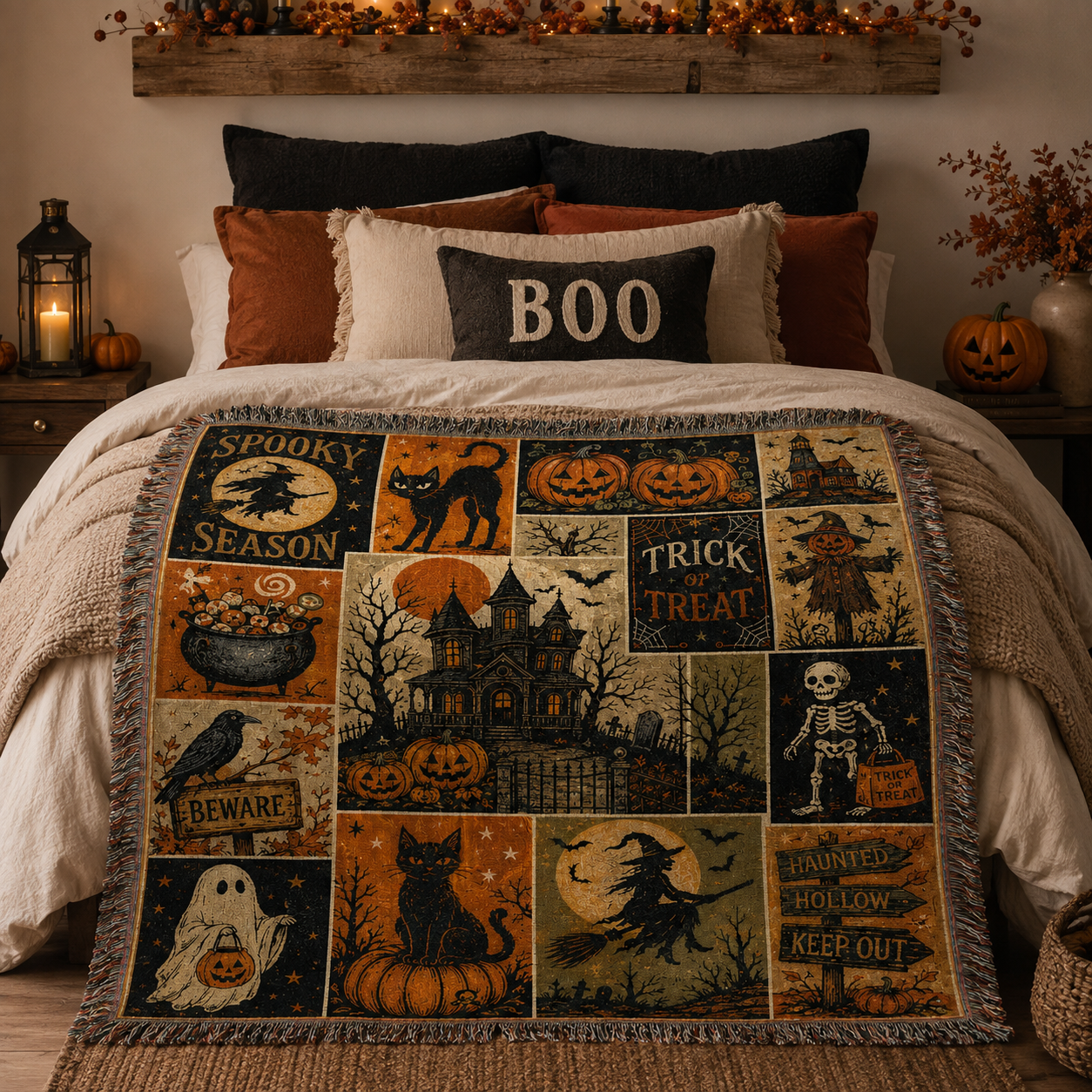 Vintage Halloween patchwork woven blanket displayed across a cozy bedroom with pumpkins, lanterns and fall decor
