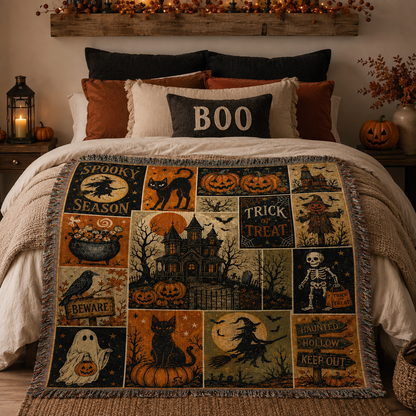 Vintage Halloween patchwork woven blanket displayed across a cozy bedroom with pumpkins, lanterns and fall decor