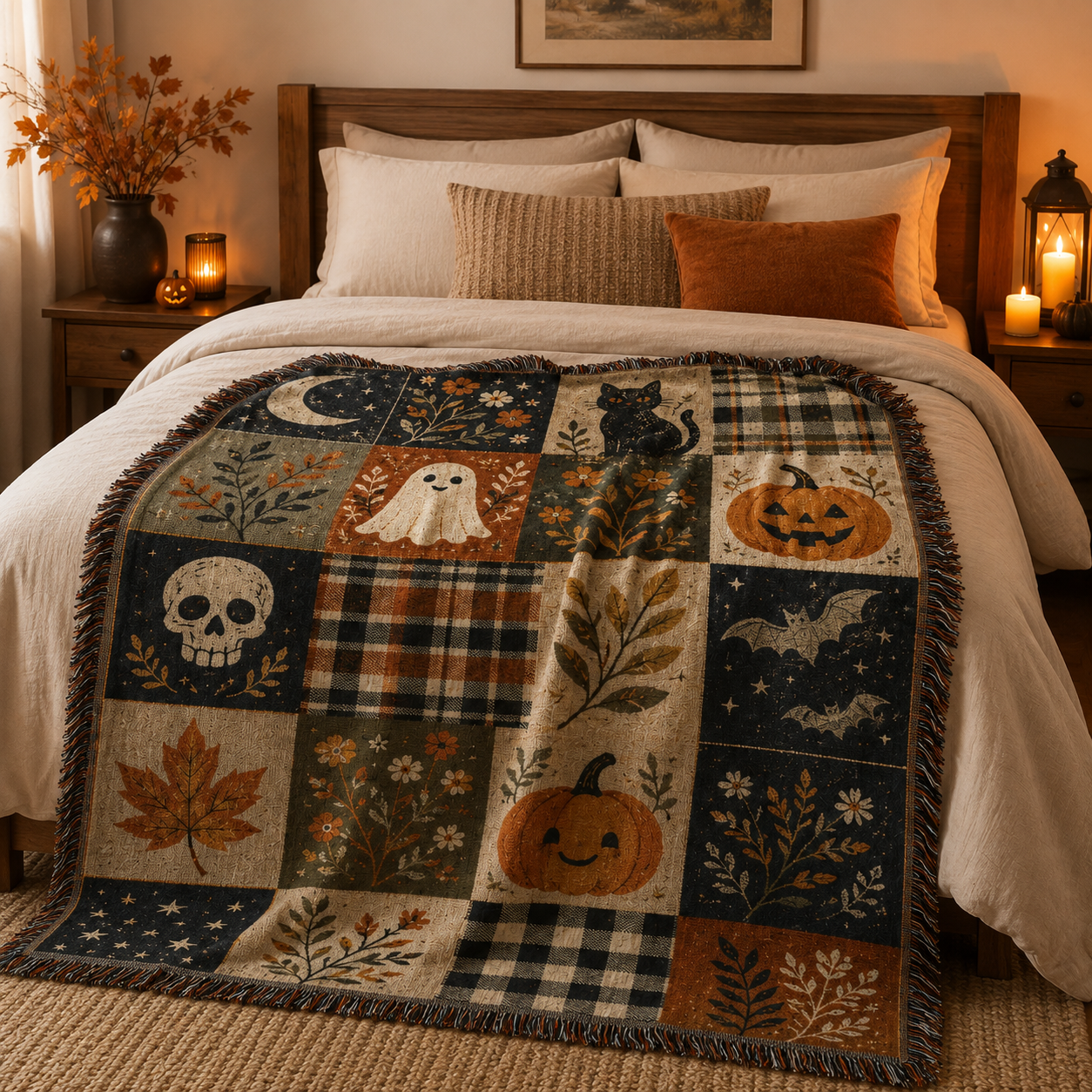 Halloween patchwork woven blanket styled across a cozy bed with warm autumn bedroom decor