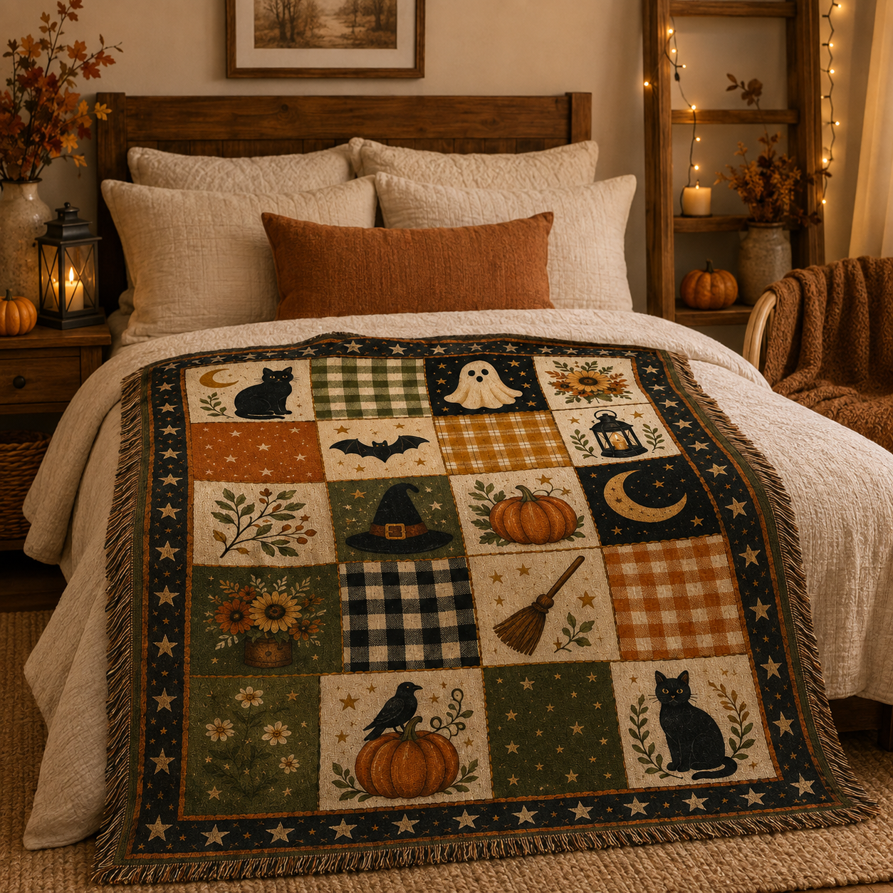 Halloween patchwork woven blanket styled across a cozy autumn bedroom bed