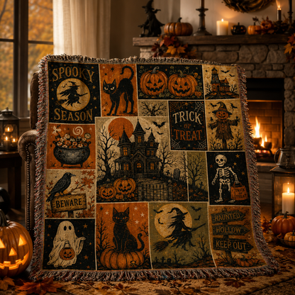 Vintage Halloween patchwork woven blanket styled beside a glowing fireplace with jack-o-lanterns and lanterns
