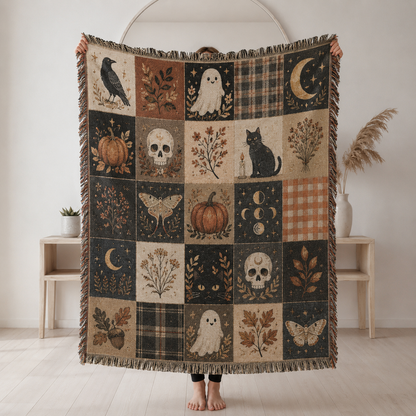 Vintage Halloween patchwork woven blanket with ghosts black cats pumpkins skulls moons and fringe