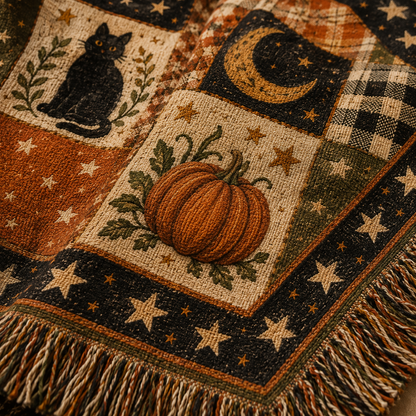 Macro close-up of Halloween patchwork woven blanket showing textured weave and multicolor fringe