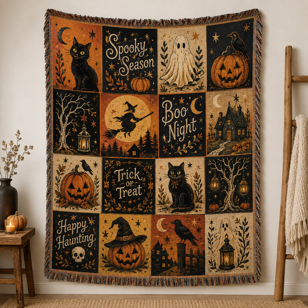 Vintage Halloween patchwork woven blanket with black cats ghosts pumpkins witch and haunted house