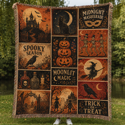 Vintage Halloween patchwork woven throw blanket with pumpkins, ravens, witch and skeletons