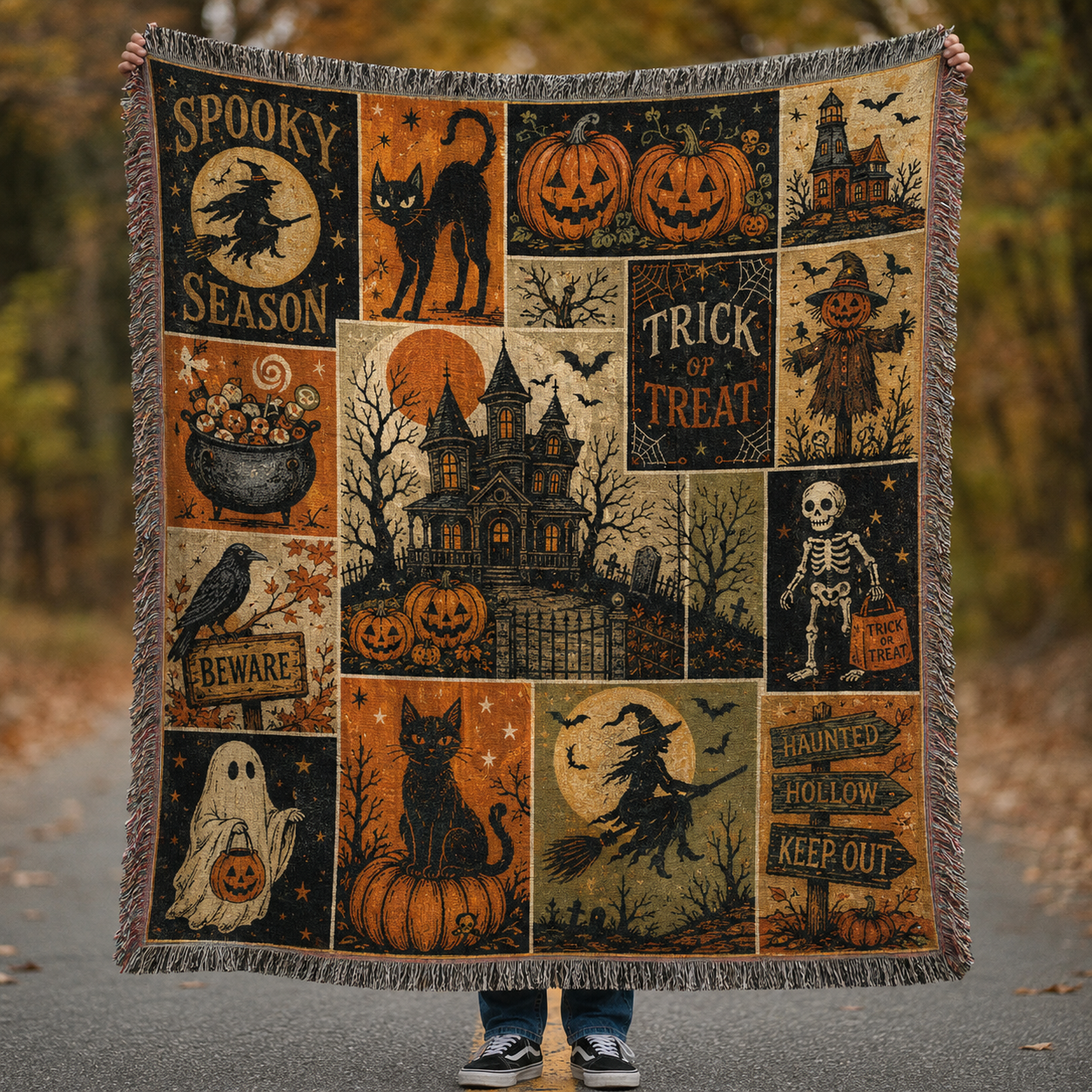 Vintage Halloween patchwork woven blanket with haunted house, witch, black cat, ghost, pumpkins, skeleton and fringe