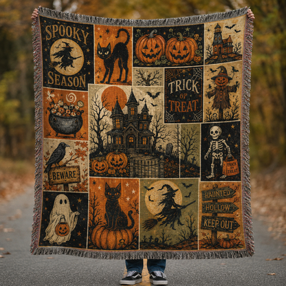 Vintage Halloween patchwork woven blanket with haunted house, witch, black cat, ghost, pumpkins, skeleton and fringe