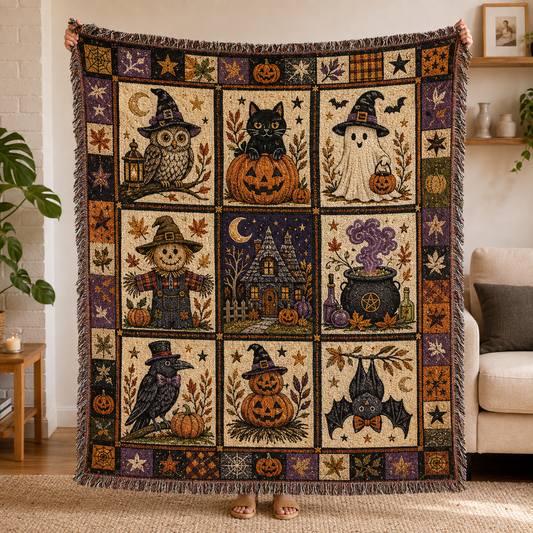 Vintage Halloween patchwork woven blanket with ghost, black cat, owl, pumpkins, haunted cottage and fringe